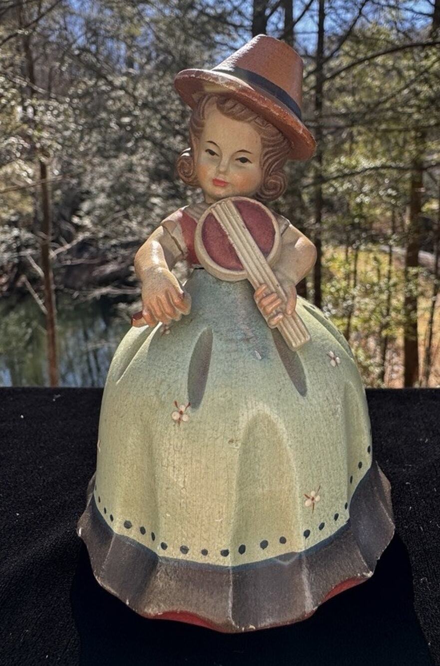 Vintage ANRI REUGE Music Box Wooden Girl Playing A Fiddle Plays Lara’s Theme -A1